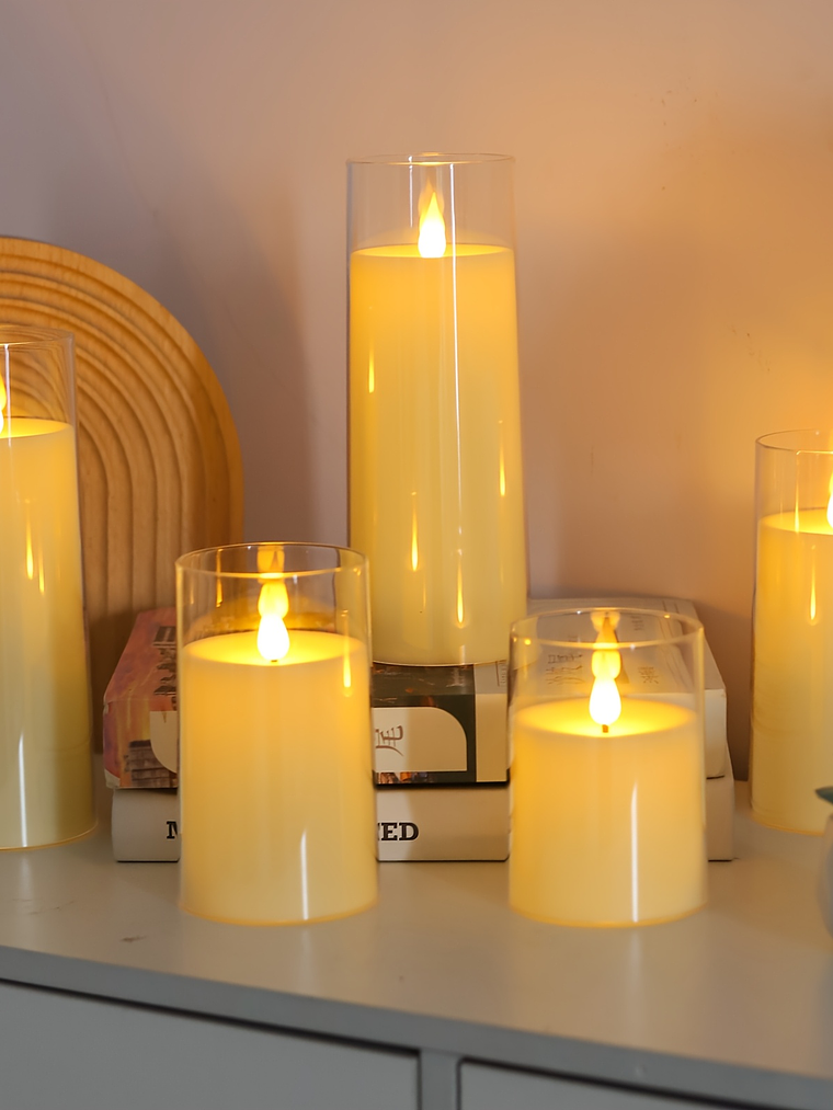[Christmas Halloween] Halloween Christmas Decorations, Ivory Flameless Candles With Remote And Timer, 5pcs 1 AA Battery Operated Acrylic Flickering LED Pillar Candles For Romantic Ambiance And Home Ho 4