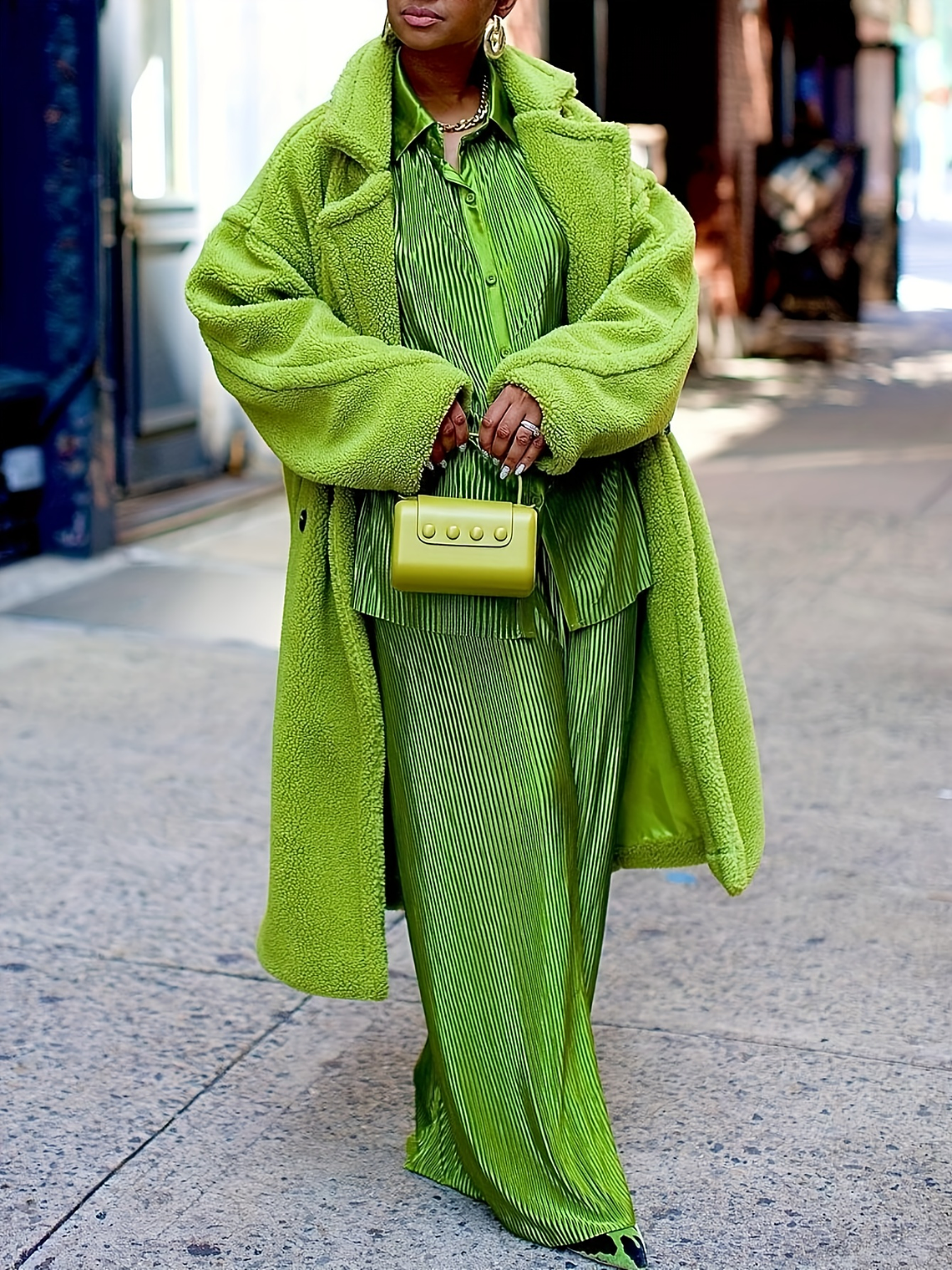 GLOURI Women'S Winter Faux-Fur Coat - Thick Insulated Maxi Jacket with Lapel Collar & Pockets, Solid Green Fleece Outerwear, Hand Washable H-Line Silhouette for Casual & Formal Outfits, Warm Winter Co 4