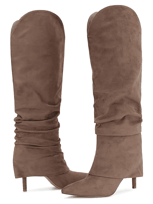 Women'S Genuine Leather Fold Over Knee High Boots - Wide Calf Pointed Toe Stiletto Heels, Pull-On Closure, All-Season Tall Booties with Cushioned Insole & Arch Support, Brown/Coffee - Versatile for Ca