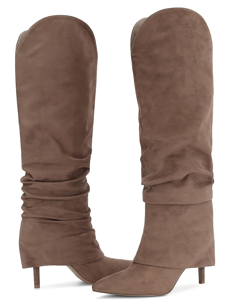 Women'S Genuine Leather Fold Over Knee High Boots - Wide Calf Pointed Toe Stiletto Heels, Pull-On Closure, All-Season Tall Booties with Cushioned Insole & Arch Support, Brown/Coffee - Versatile for Ca 2