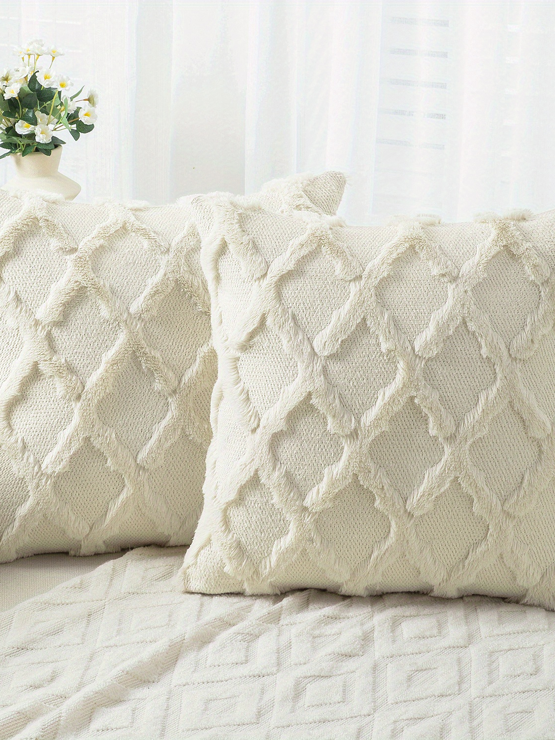 2pcs Boho Throw Pillow Covers 18x18 Inch Shaggy Plush Faux Wool with 3D Embroidery Pattern Suede Decorative Pillow Covers Luxury Cushion Covers for Couch Sofa Livingroom 1