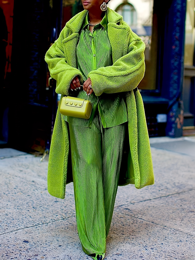 GLOURI Women'S Winter Faux-Fur Coat - Thick Insulated Maxi Jacket with Lapel Collar & Pockets, Solid Green Fleece Outerwear, Hand Washable H-Line Silhouette for Casual & Formal Outfits, Warm Winter Co 6