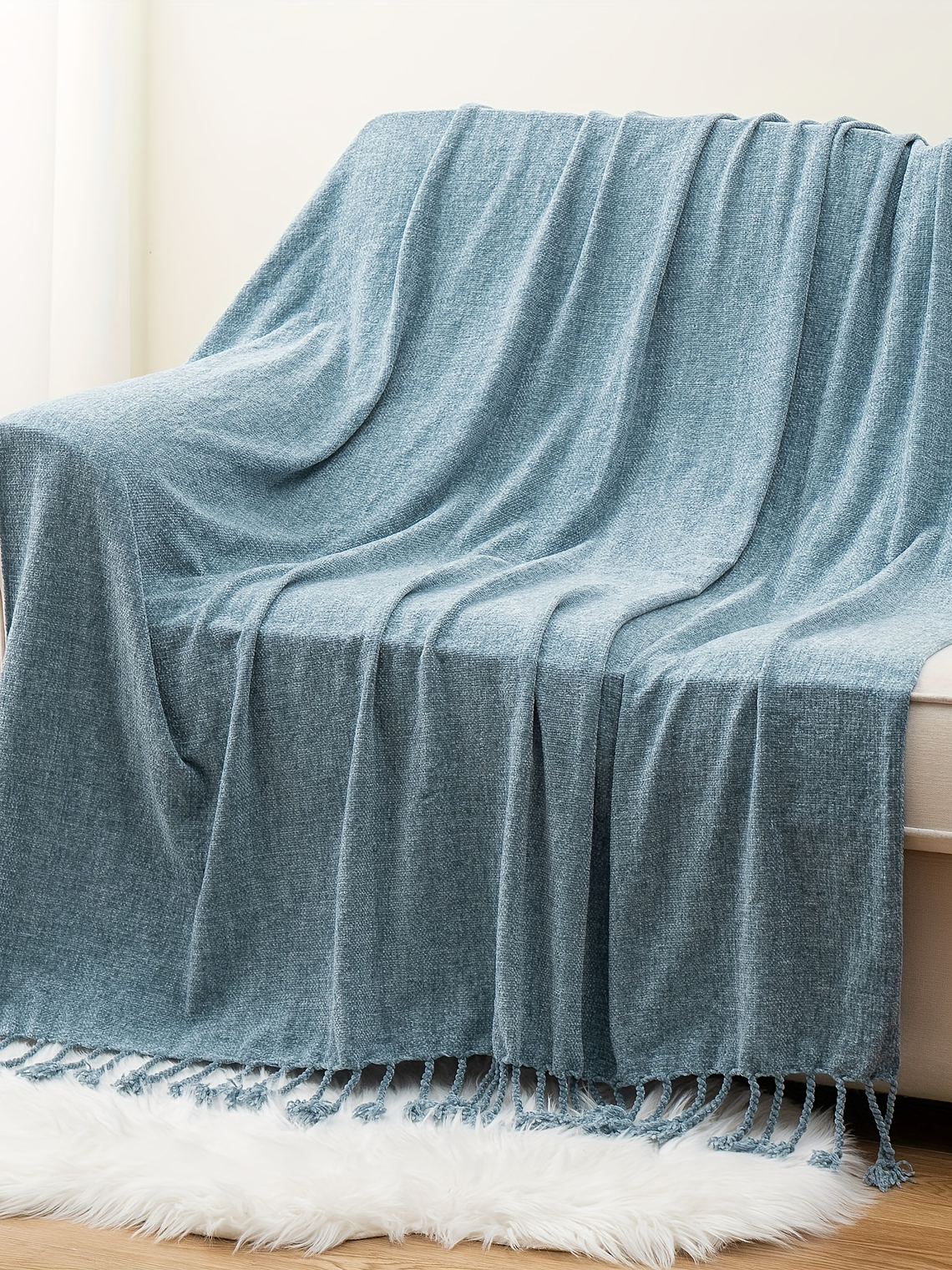 Luxury Chenille Throw Blanket, Plush Soft Fringe Trim No-Sew Edges, Cozy Chenille Fabric All-Season Bedspread-Style Couch Cover, for Sofa Bed & Home Decor, 50