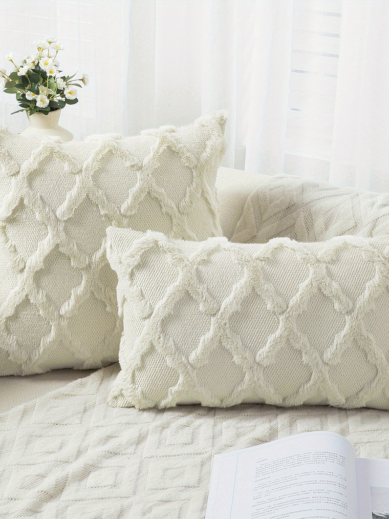 2pcs Boho Throw Pillow Covers 18x18 Inch Shaggy Plush Faux Wool with 3D Embroidery Pattern Suede Decorative Pillow Covers Luxury Cushion Covers for Couch Sofa Livingroom 2