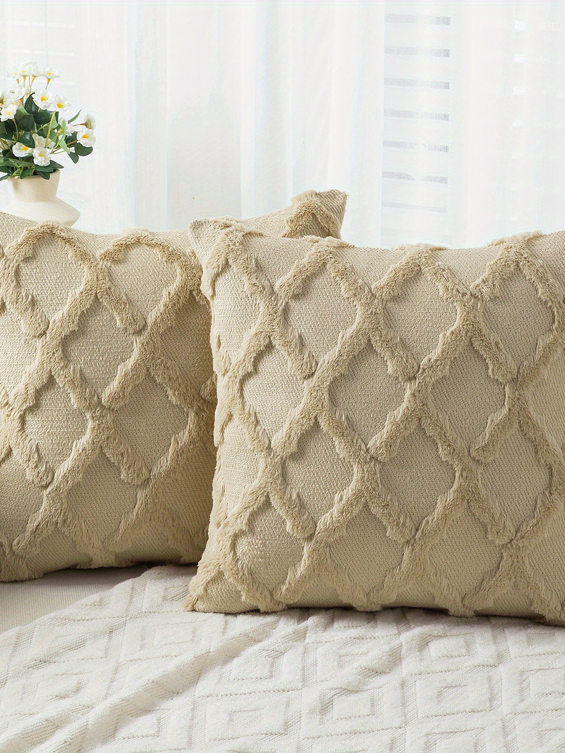 2pcs Boho Throw Pillow Covers 18x18 Inch Shaggy Plush Faux Wool with 3D Embroidery Pattern Suede Decorative Pillow Covers Luxury Cushion Covers for Couch Sofa Livingroom 5