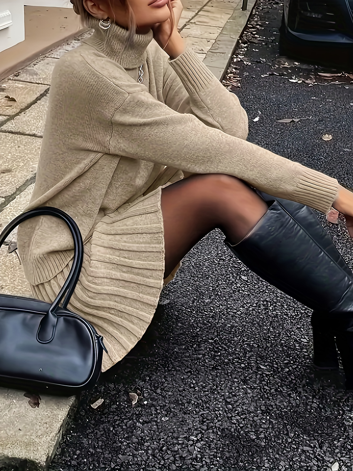 Women'S Suit, Autumn And Winter Elegant High-neck Drop Shoulder Long-sleeved Sweater And Pleated Skirt 2pcs Set 1