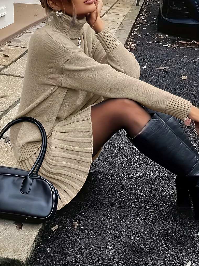 Women'S Suit, Autumn And Winter Elegant High-neck Drop Shoulder Long-sleeved Sweater And Pleated Skirt 2pcs Set 1