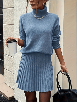 Women'S Suit, Autumn And Winter Elegant High-neck Drop Shoulder Long-sleeved Sweater And Pleated Skirt 2pcs Set
