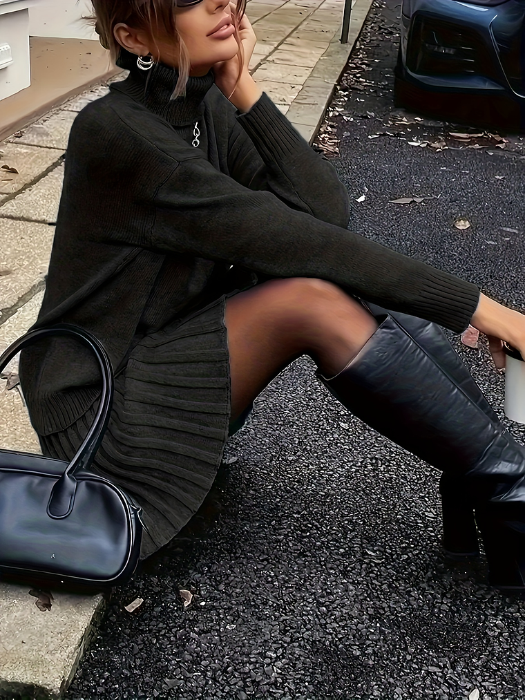 Women'S Suit, Autumn And Winter Elegant High-neck Drop Shoulder Long-sleeved Sweater And Pleated Skirt 2pcs Set 4