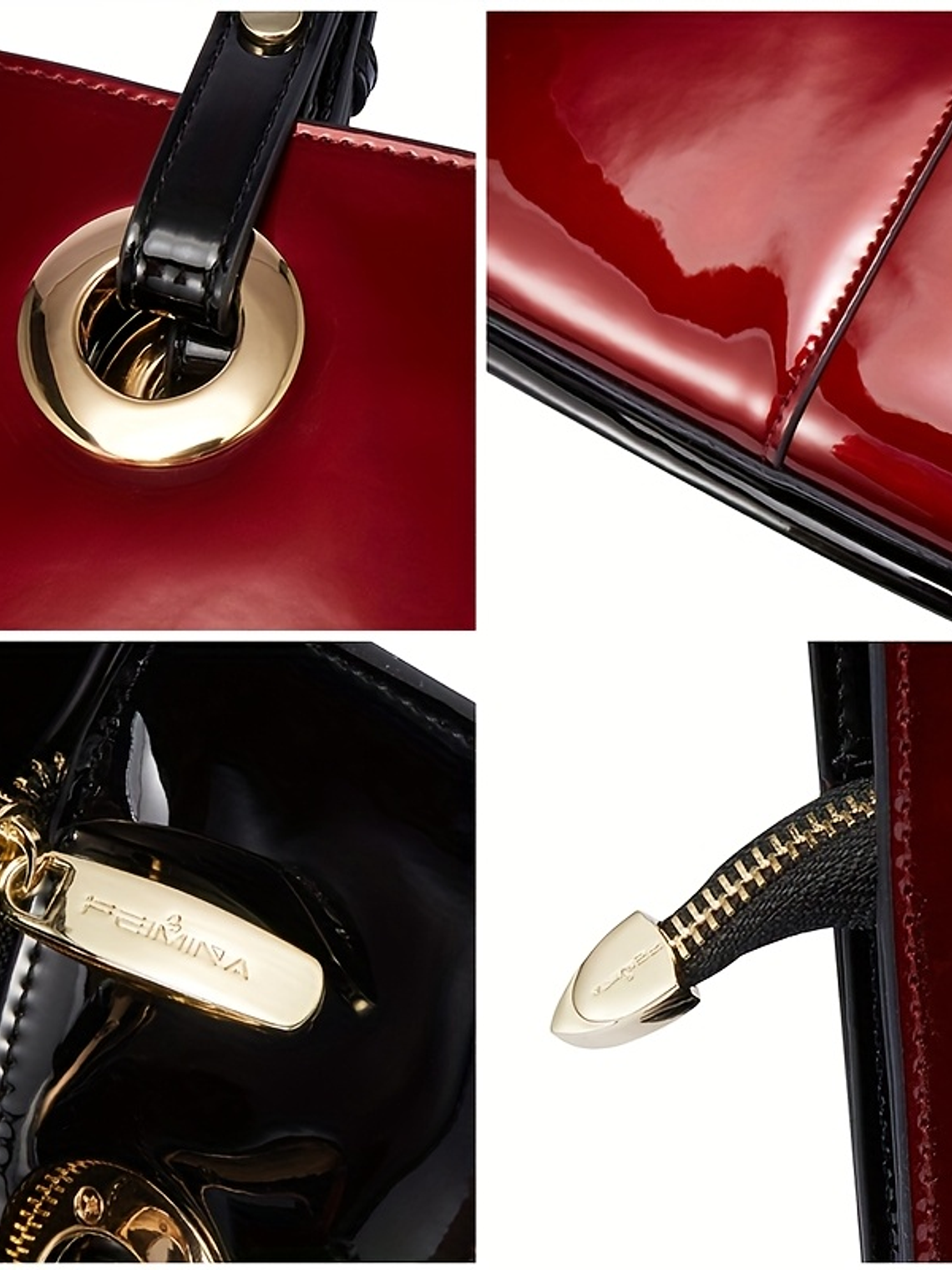 Women Patent Leather Handbag - Genuine Burgundy Purse, Large Capacity Tote & Wallet Combo (Handheld/Purse) in Red/Navy/Dark Purple, Golden-Tone Hardware, Adjustable Strap - Elegant Designer Bag for,,  6