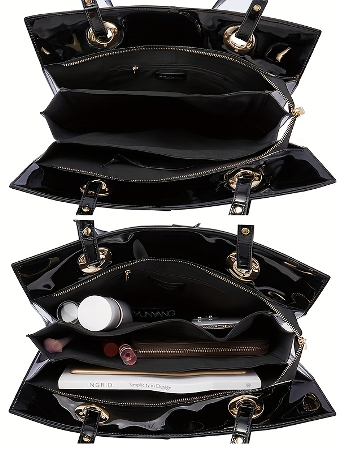 Women Patent Leather Handbag - Genuine Burgundy Purse, Large Capacity Tote & Wallet Combo (Handheld/Purse) in Red/Navy/Dark Purple, Golden-Tone Hardware, Adjustable Strap - Elegant Designer Bag for,,  7