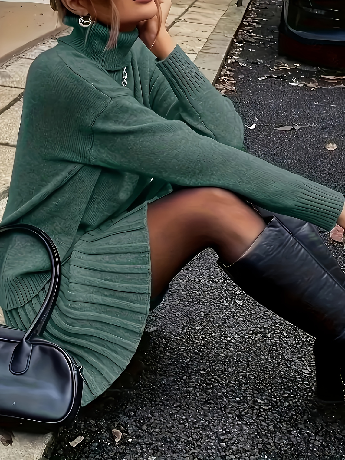 Women'S Suit, Autumn And Winter Elegant High-neck Drop Shoulder Long-sleeved Sweater And Pleated Skirt 2pcs Set 5