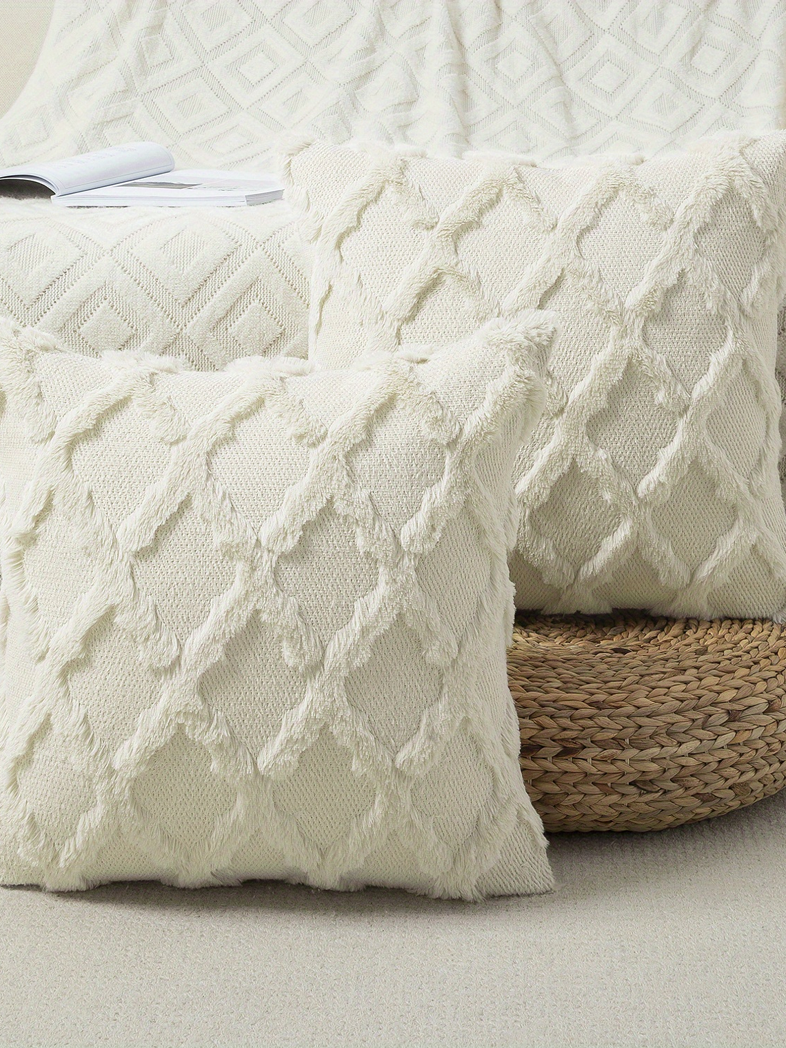 2pcs Boho Throw Pillow Covers 18x18 Inch Shaggy Plush Faux Wool with 3D Embroidery Pattern Suede Decorative Pillow Covers Luxury Cushion Covers for Couch Sofa Livingroom 6