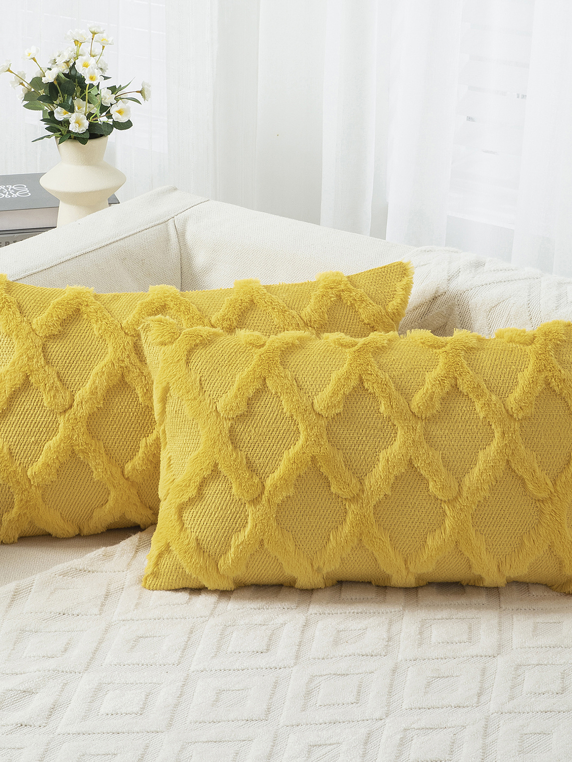 2pcs Boho Throw Pillow Covers 18x18 Inch Shaggy Plush Faux Wool with 3D Embroidery Pattern Suede Decorative Pillow Covers Luxury Cushion Covers for Couch Sofa Livingroom 7