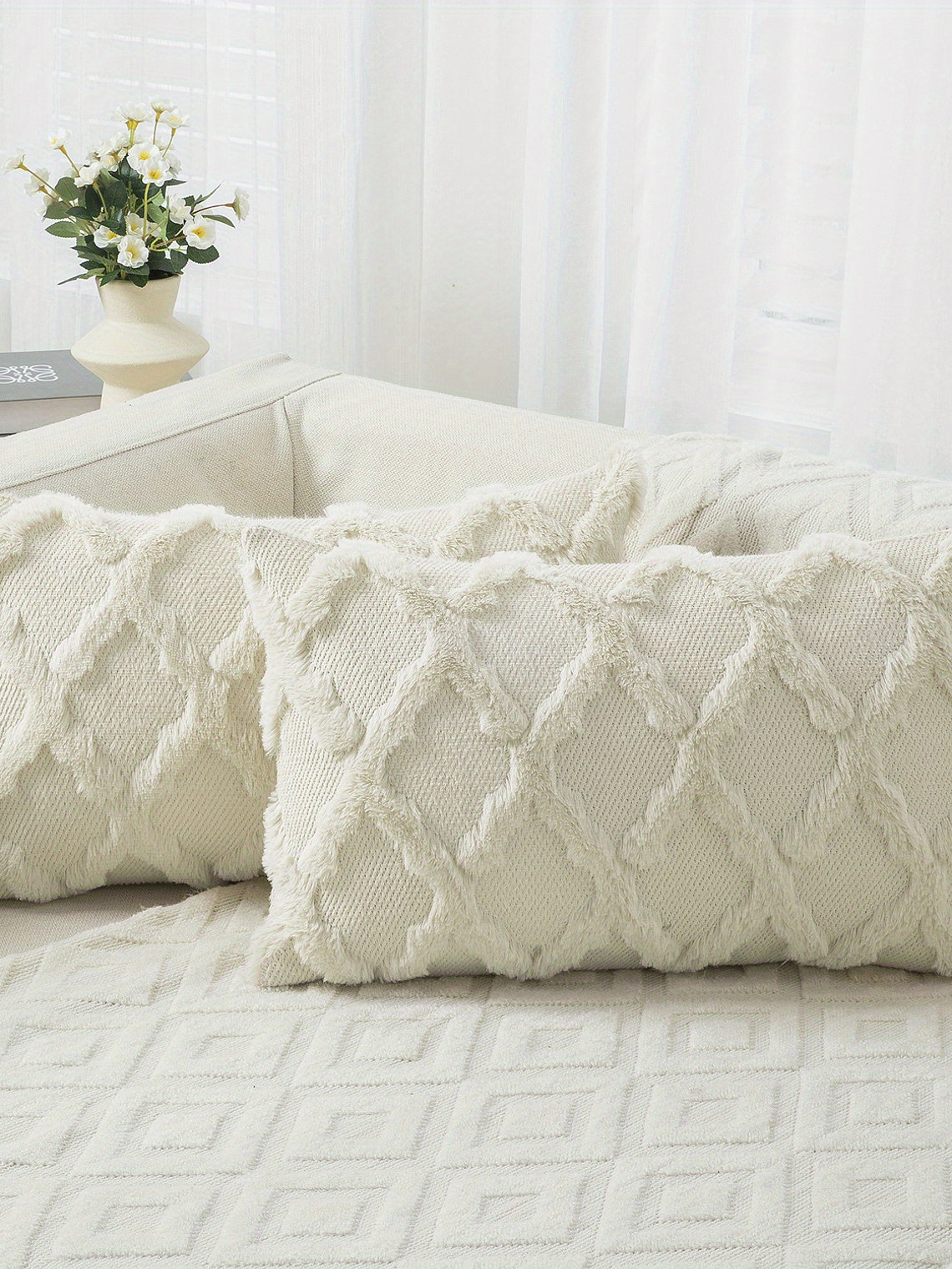 2pcs Boho Throw Pillow Covers 18x18 Inch Shaggy Plush Faux Wool with 3D Embroidery Pattern Suede Decorative Pillow Covers Luxury Cushion Covers for Couch Sofa Livingroom 8