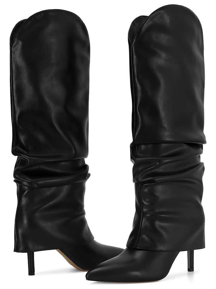 Women'S Genuine Leather Fold Over Knee High Boots - Wide Calf Pointed Toe Stiletto Heels, Pull-On Closure, All-Season Tall Booties with Cushioned Insole & Arch Support, Brown/Coffee - Versatile for Ca 6