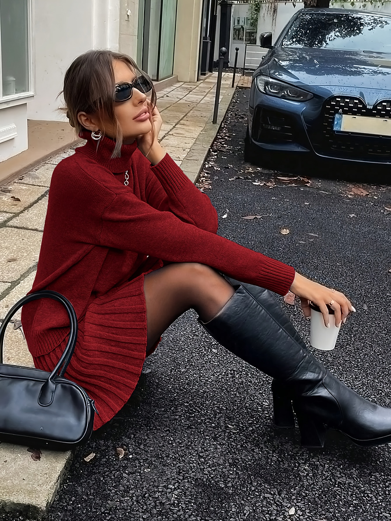 Women'S Suit, Autumn And Winter Elegant High-neck Drop Shoulder Long-sleeved Sweater And Pleated Skirt 2pcs Set 8