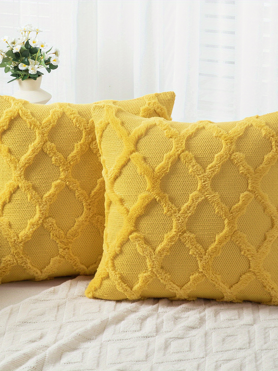 2pcs Boho Throw Pillow Covers 18x18 Inch Shaggy Plush Faux Wool with 3D Embroidery Pattern Suede Decorative Pillow Covers Luxury Cushion Covers for Couch Sofa Livingroom 9