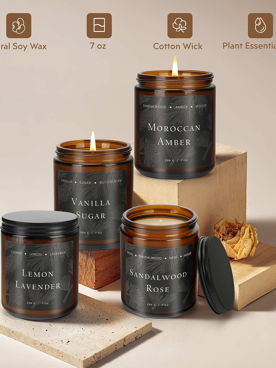 4 Pack Scented Candles For Home Scented Candles, 28 Oz Soy Wax Candle Gift Set For Women Men (Lemon Lavender/Vanilla Sugar/Sandalwood Rose/Moroccan Amber), for home Decor, Room Decor, Birthday, Valent 1