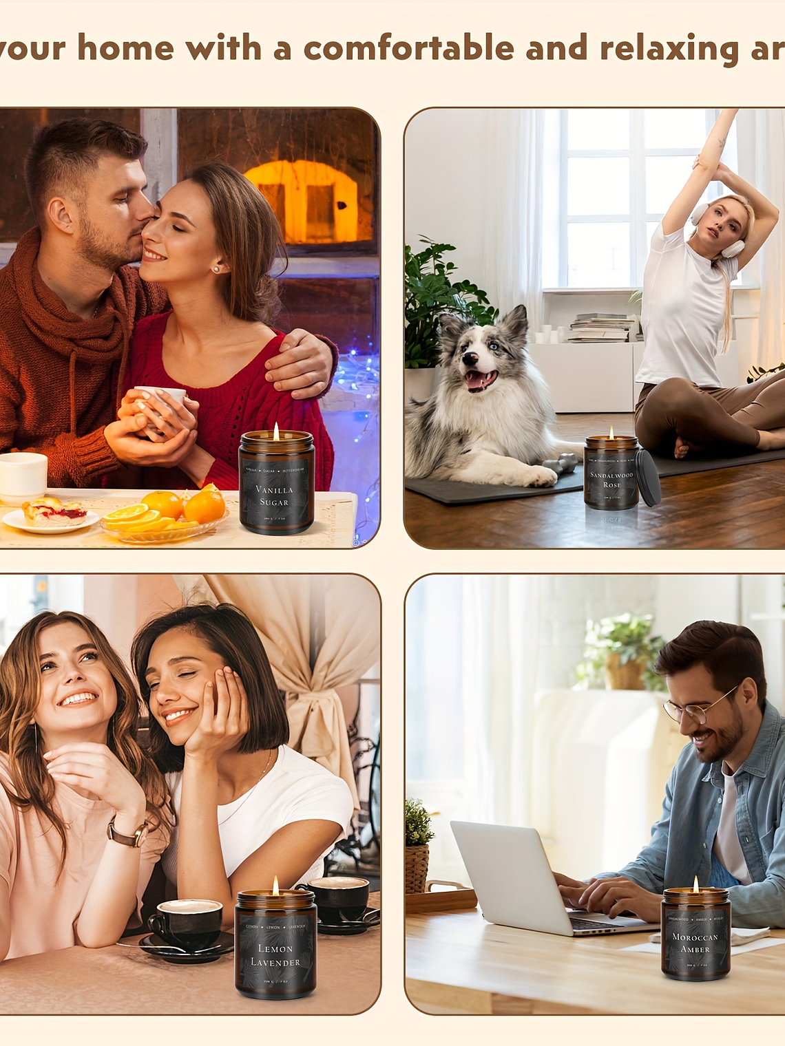 4 Pack Scented Candles For Home Scented Candles, 28 Oz Soy Wax Candle Gift Set For Women Men (Lemon Lavender/Vanilla Sugar/Sandalwood Rose/Moroccan Amber), for home Decor, Room Decor, Birthday, Valent 7