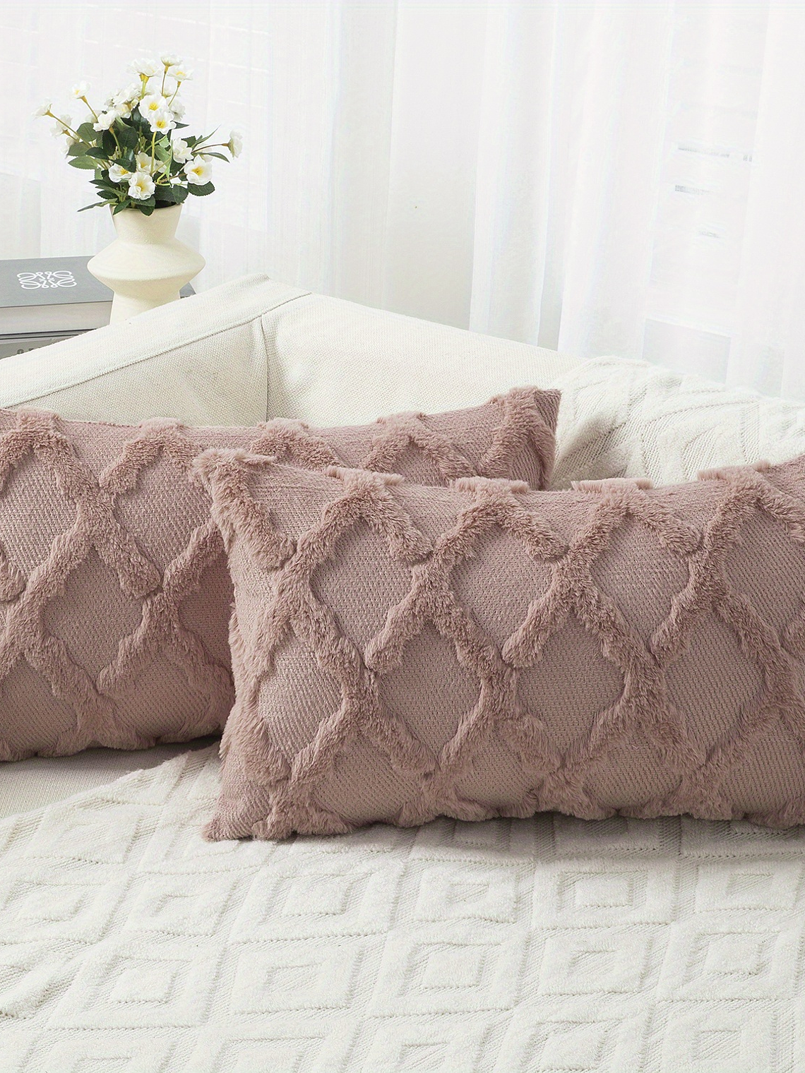 2pcs Boho Throw Pillow Covers 18x18 Inch Shaggy Plush Faux Wool with 3D Embroidery Pattern Suede Decorative Pillow Covers Luxury Cushion Covers for Couch Sofa Livingroom 11