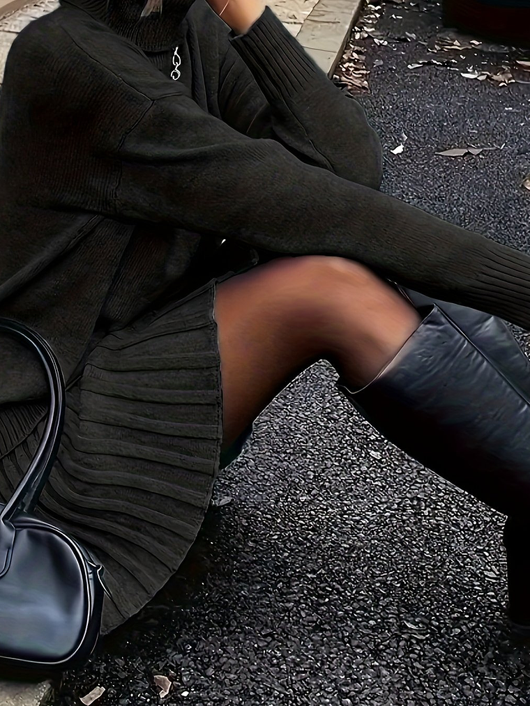 Women'S Suit, Autumn And Winter Elegant High-neck Drop Shoulder Long-sleeved Sweater And Pleated Skirt 2pcs Set 11