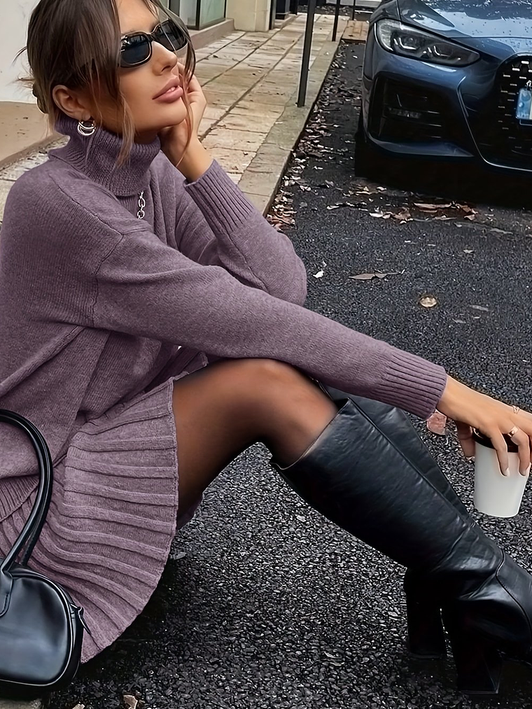 Women'S Suit, Autumn And Winter Elegant High-neck Drop Shoulder Long-sleeved Sweater And Pleated Skirt 2pcs Set 12