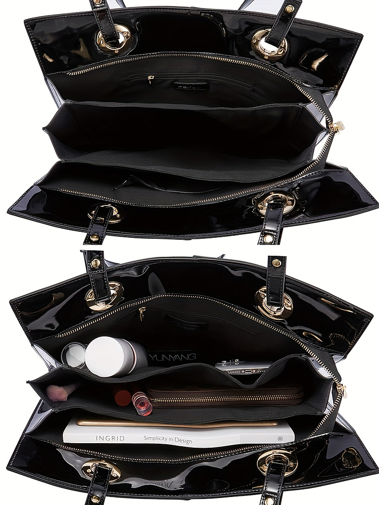 Women Patent Leather Handbag - Genuine Burgundy Purse, Large Capacity Tote & Wallet Combo (Handheld/Purse) in Red/Navy/Dark Purple, Golden-Tone Hardware, Adjustable Strap - Elegant Designer Bag for,,  12