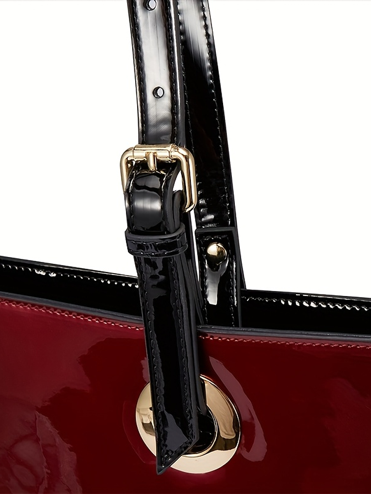 Women Patent Leather Handbag - Genuine Burgundy Purse, Large Capacity Tote & Wallet Combo (Handheld/Purse) in Red/Navy/Dark Purple, Golden-Tone Hardware, Adjustable Strap - Elegant Designer Bag for,,  13