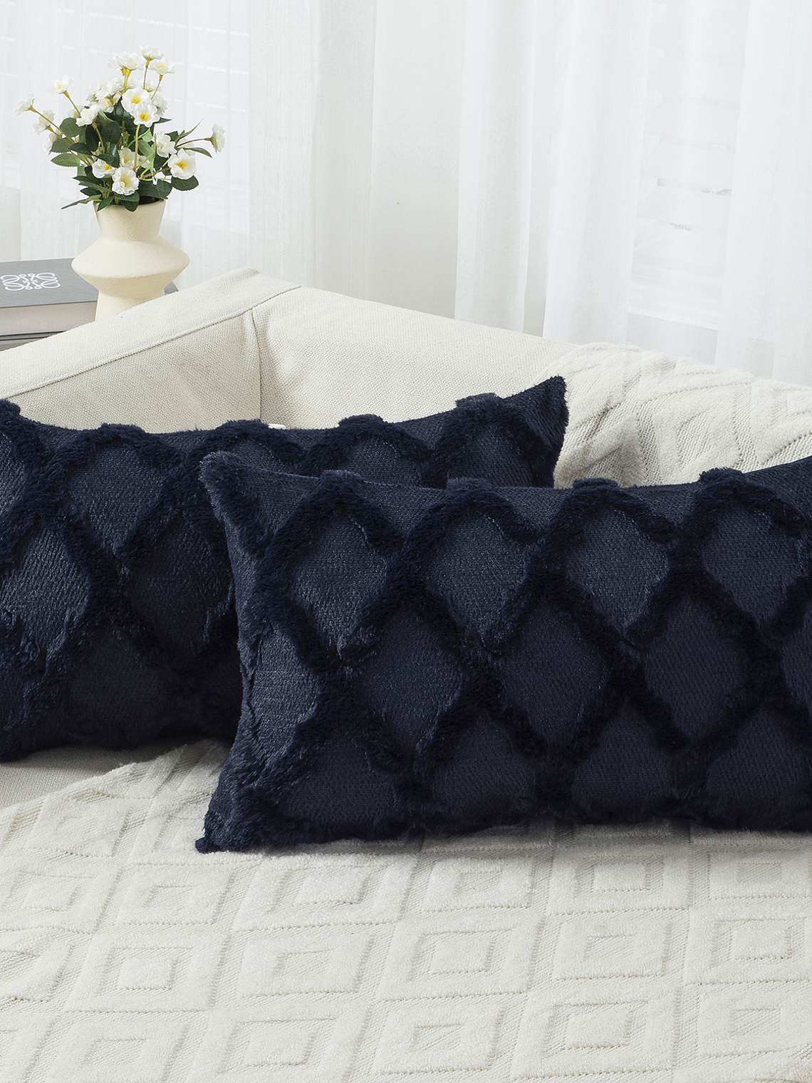 2pcs Boho Throw Pillow Covers 18x18 Inch Shaggy Plush Faux Wool with 3D Embroidery Pattern Suede Decorative Pillow Covers Luxury Cushion Covers for Couch Sofa Livingroom 15