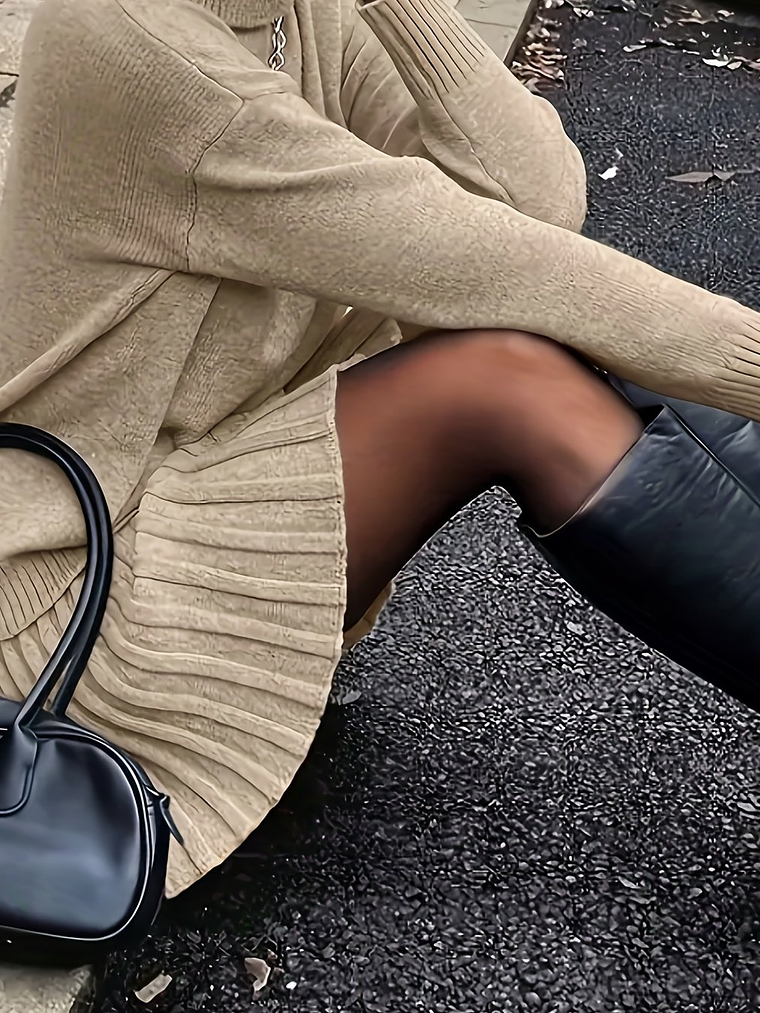 Women'S Suit, Autumn And Winter Elegant High-neck Drop Shoulder Long-sleeved Sweater And Pleated Skirt 2pcs Set 17