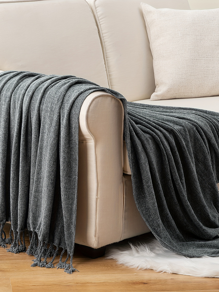 Luxury Chenille Throw Blanket, Plush Soft Fringe Trim No-Sew Edges, Cozy Chenille Fabric All-Season Bedspread-Style Couch Cover, for Sofa Bed & Home Decor, 50