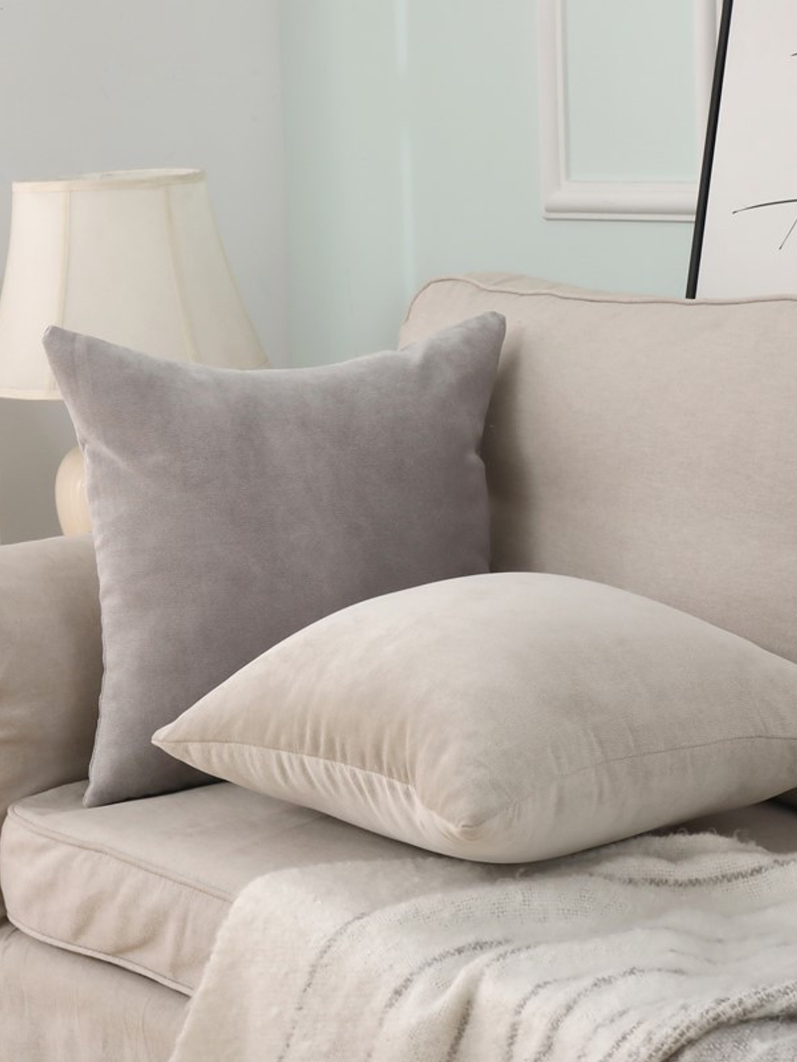 Set of 2 Modern Decorative Velvet Throw Pillow Covers 18x18inch (45x45 cm) – Decorative Square Cushion Cases for Sofa, Couch, and Living Room Décor in Blue, Beige, and Yellow – Durable, Soft, and 13