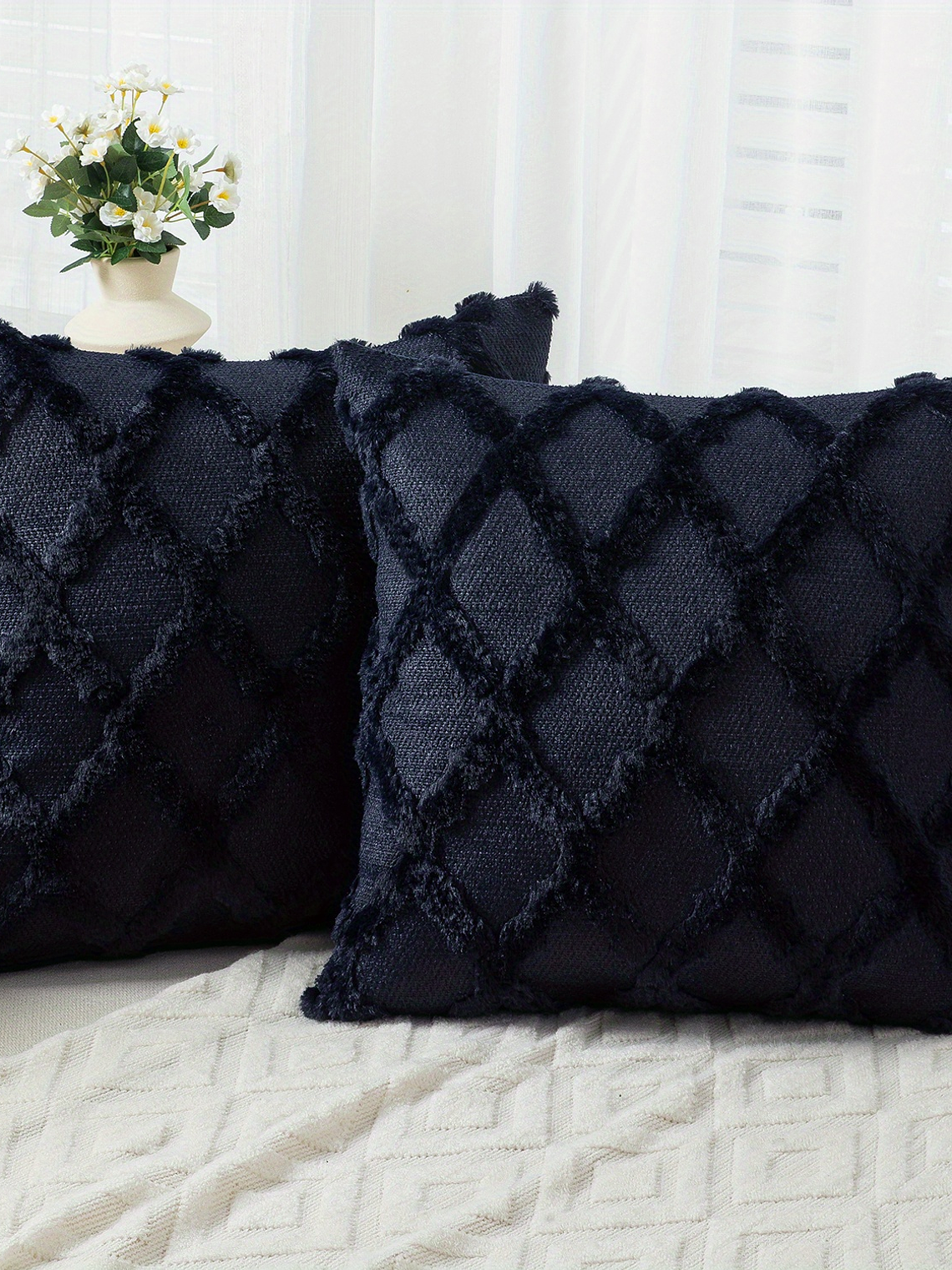 2pcs Boho Throw Pillow Covers 18x18 Inch Shaggy Plush Faux Wool with 3D Embroidery Pattern Suede Decorative Pillow Covers Luxury Cushion Covers for Couch Sofa Livingroom 17