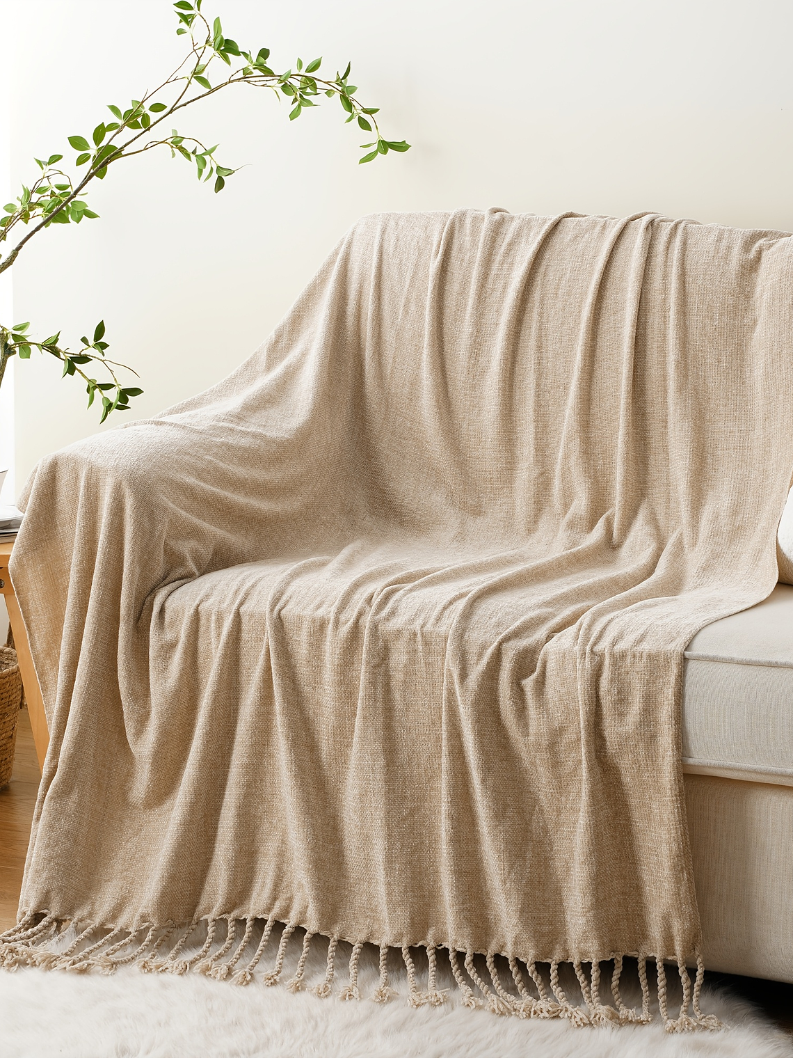 Luxury Chenille Throw Blanket, Plush Soft Fringe Trim No-Sew Edges, Cozy Chenille Fabric All-Season Bedspread-Style Couch Cover, for Sofa Bed & Home Decor, 50