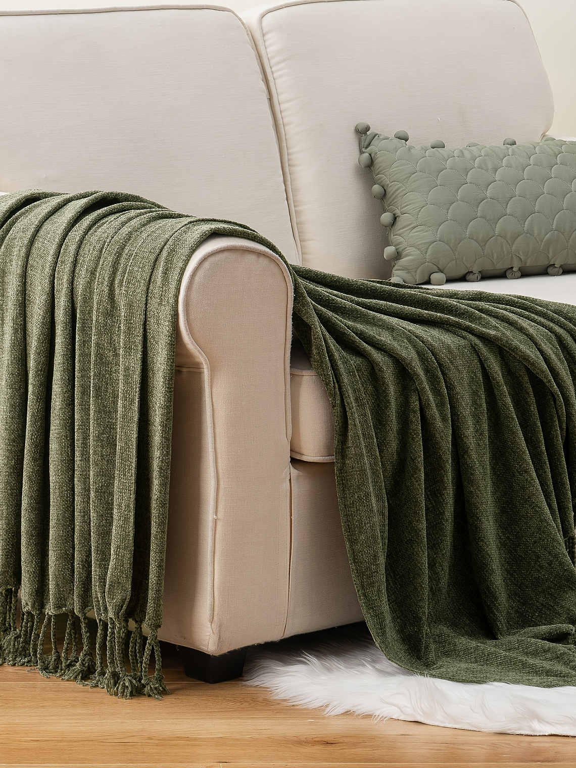 Luxury Chenille Throw Blanket, Plush Soft Fringe Trim No-Sew Edges, Cozy Chenille Fabric All-Season Bedspread-Style Couch Cover, for Sofa Bed & Home Decor, 50