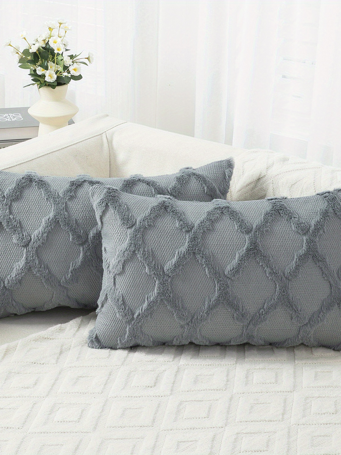 2pcs Boho Throw Pillow Covers 18x18 Inch Shaggy Plush Faux Wool with 3D Embroidery Pattern Suede Decorative Pillow Covers Luxury Cushion Covers for Couch Sofa Livingroom 18