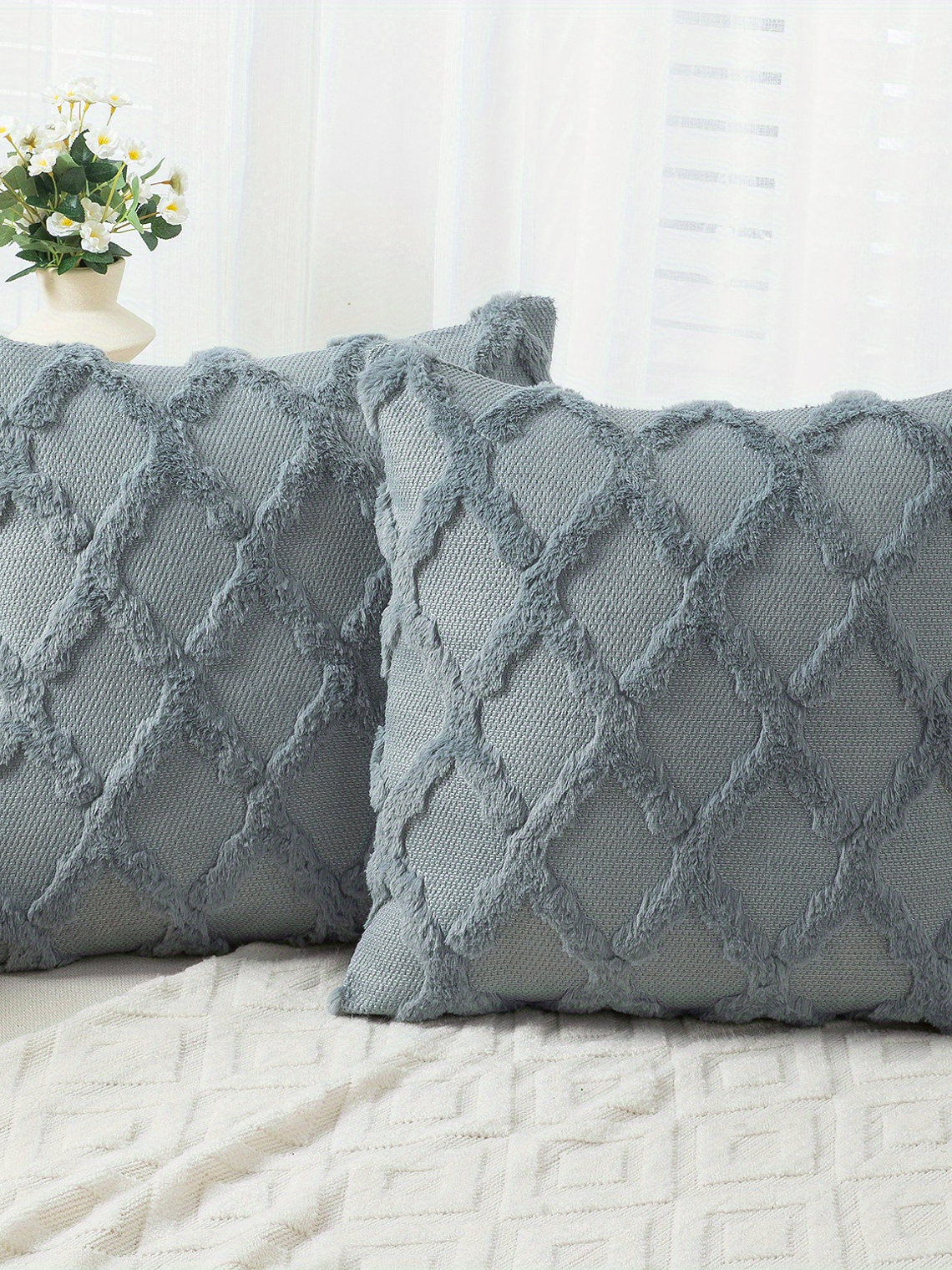 2pcs Boho Throw Pillow Covers 18x18 Inch Shaggy Plush Faux Wool with 3D Embroidery Pattern Suede Decorative Pillow Covers Luxury Cushion Covers for Couch Sofa Livingroom 19