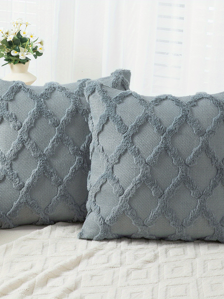 2pcs Boho Throw Pillow Covers 18x18 Inch Shaggy Plush Faux Wool with 3D Embroidery Pattern Suede Decorative Pillow Covers Luxury Cushion Covers for Couch Sofa Livingroom 19