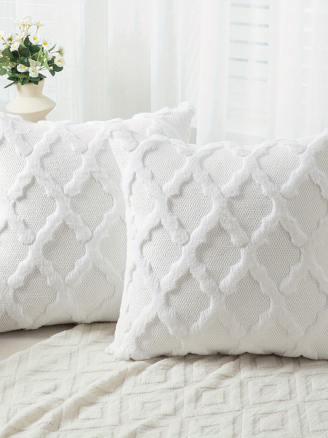 2pcs Boho Throw Pillow Covers 18x18 Inch Shaggy Plush Faux Wool with 3D Embroidery Pattern Suede Decorative Pillow Covers Luxury Cushion Covers for Couch Sofa Livingroom 20