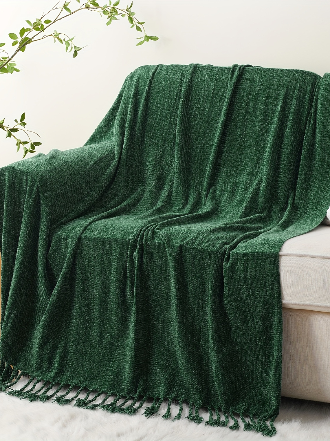 Luxury Chenille Throw Blanket, Plush Soft Fringe Trim No-Sew Edges, Cozy Chenille Fabric All-Season Bedspread-Style Couch Cover, for Sofa Bed & Home Decor, 50