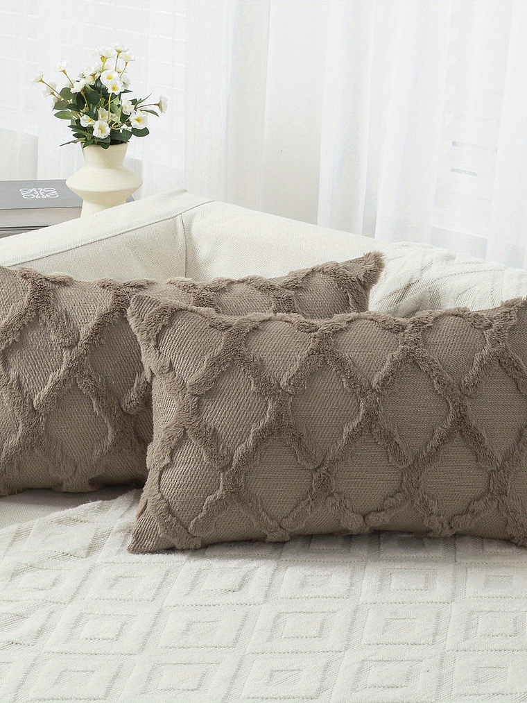 2pcs Boho Throw Pillow Covers 18x18 Inch Shaggy Plush Faux Wool with 3D Embroidery Pattern Suede Decorative Pillow Covers Luxury Cushion Covers for Couch Sofa Livingroom 22