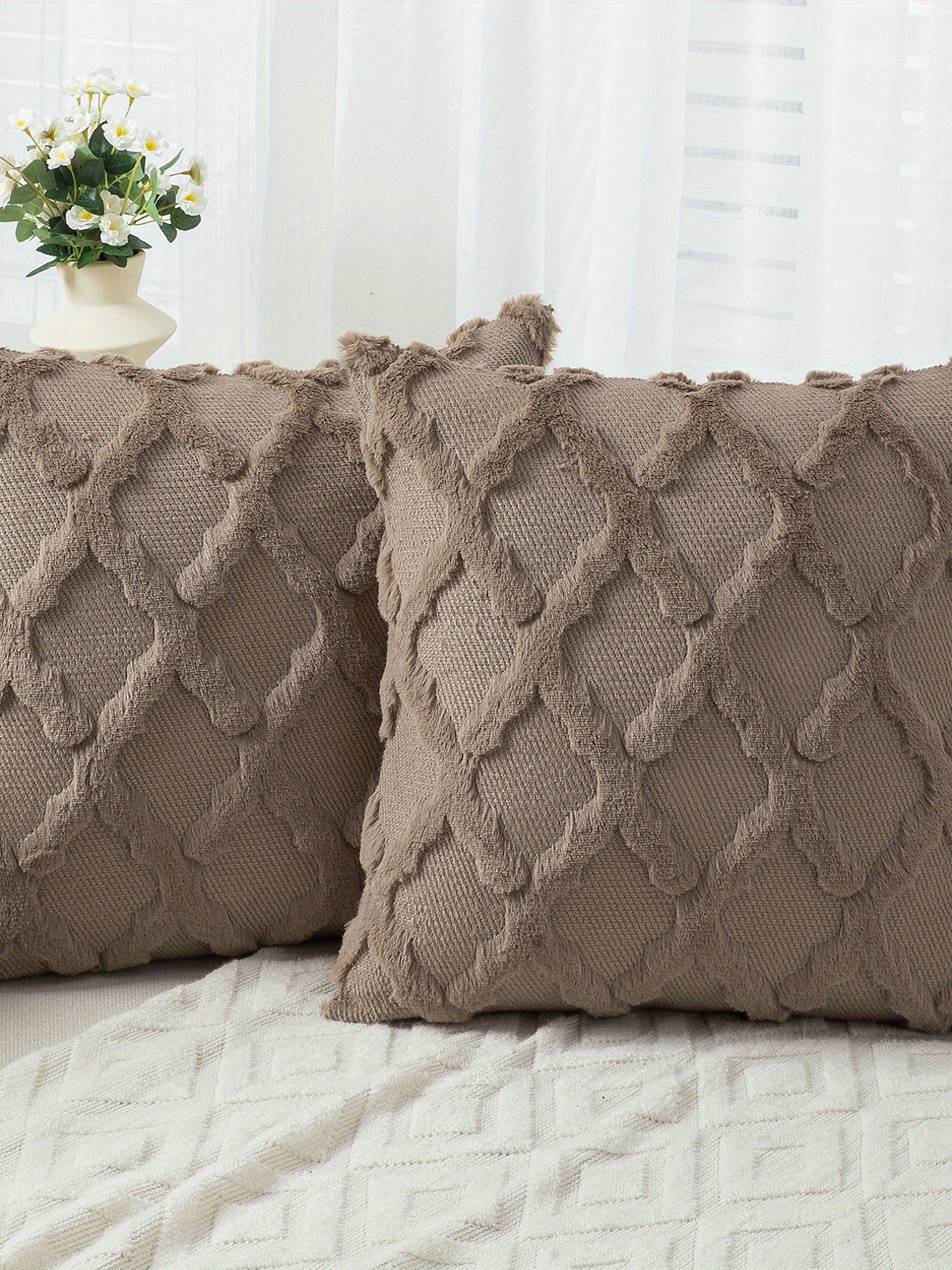 2pcs Boho Throw Pillow Covers 18x18 Inch Shaggy Plush Faux Wool with 3D Embroidery Pattern Suede Decorative Pillow Covers Luxury Cushion Covers for Couch Sofa Livingroom 23