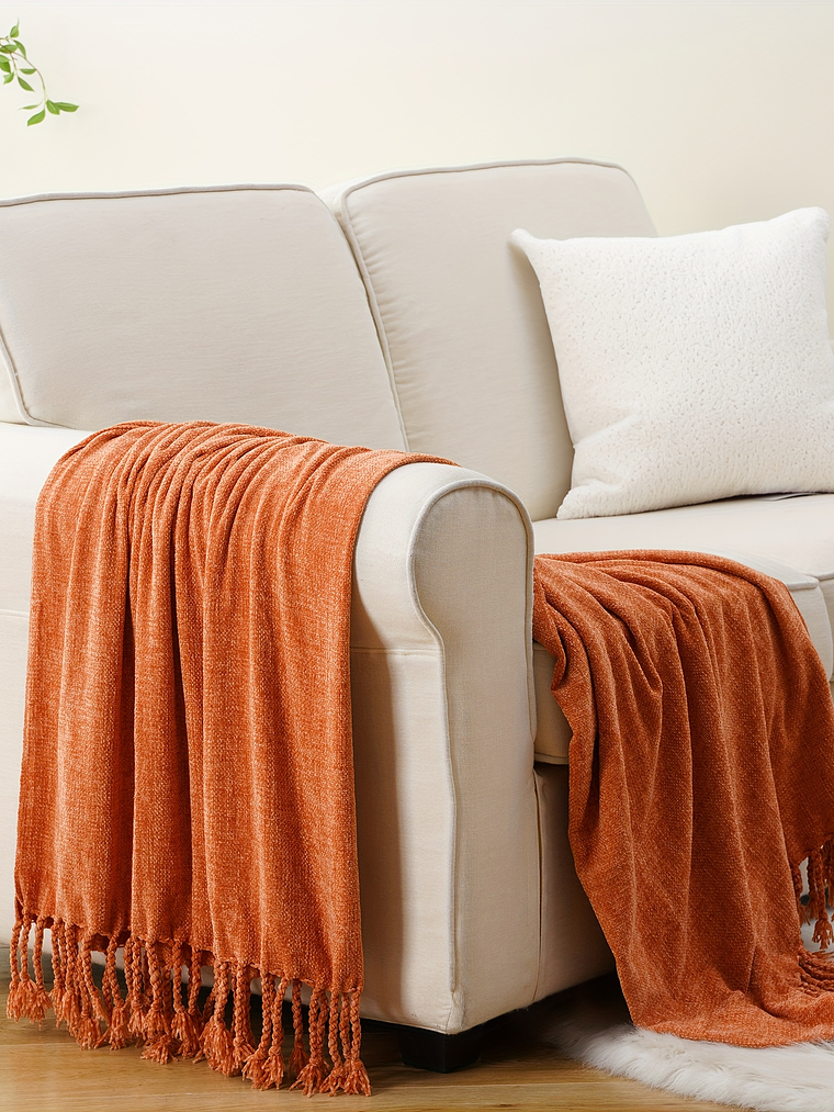 Luxury Chenille Throw Blanket, Plush Soft Fringe Trim No-Sew Edges, Cozy Chenille Fabric All-Season Bedspread-Style Couch Cover, for Sofa Bed & Home Decor, 50