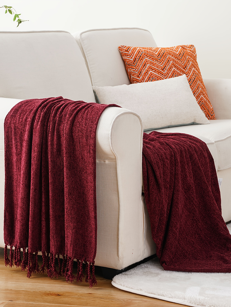 Luxury Chenille Throw Blanket, Plush Soft Fringe Trim No-Sew Edges, Cozy Chenille Fabric All-Season Bedspread-Style Couch Cover, for Sofa Bed & Home Decor, 50