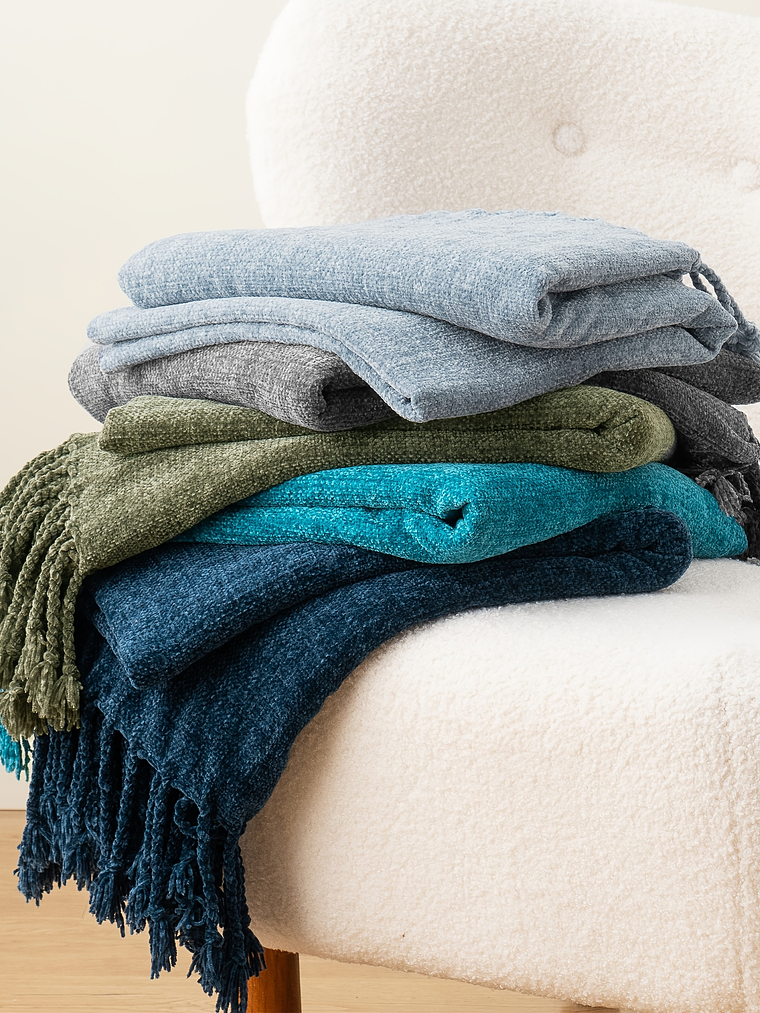 Luxury Chenille Throw Blanket, Plush Soft Fringe Trim No-Sew Edges, Cozy Chenille Fabric All-Season Bedspread-Style Couch Cover, for Sofa Bed & Home Decor, 50