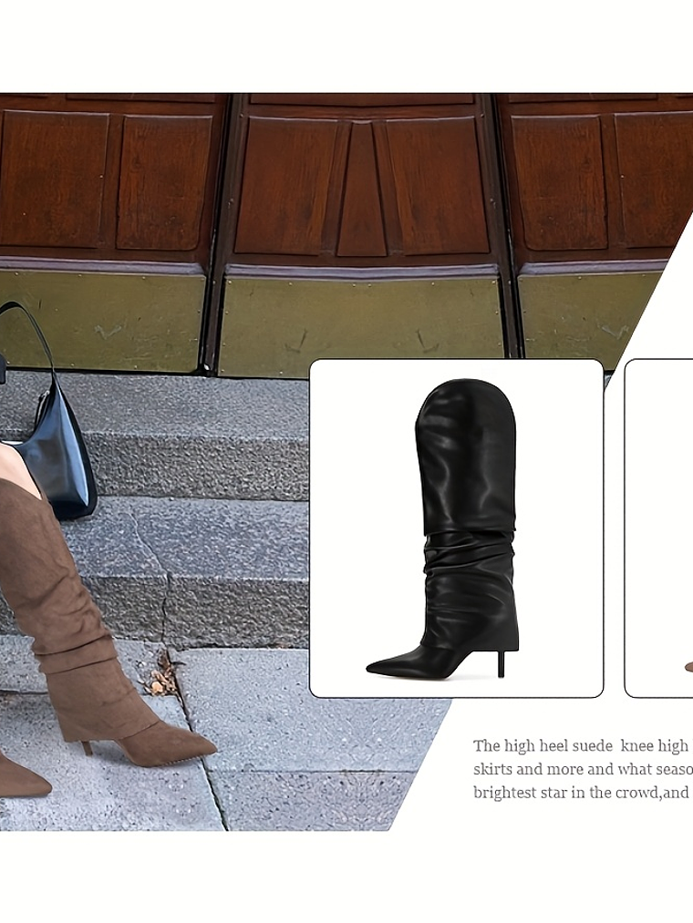 Women'S Genuine Leather Fold Over Knee High Boots - Wide Calf Pointed Toe Stiletto Heels, Pull-On Closure, All-Season Tall Booties with Cushioned Insole & Arch Support, Brown/Coffee - Versatile for Ca 17