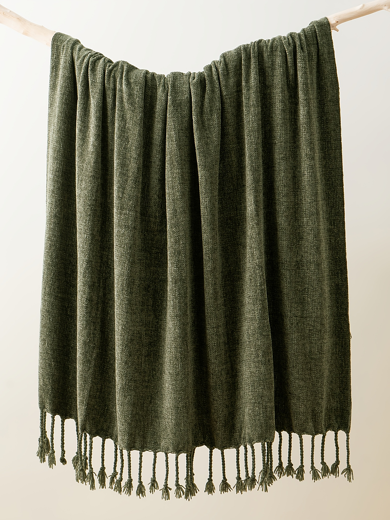 Luxury Chenille Throw Blanket, Plush Soft Fringe Trim No-Sew Edges, Cozy Chenille Fabric All-Season Bedspread-Style Couch Cover, for Sofa Bed & Home Decor, 50