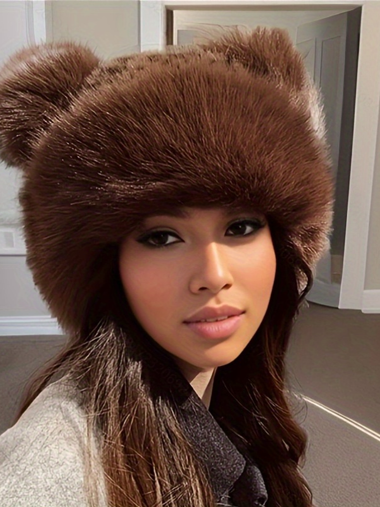 Women'S Plush Faux Fur Hat with Bear Ears - Warm, Stylish Knit Beanie for Winter, Christmas Gift Idea, Festive Holiday Hat | Stylish Winter Hat | Knit Construction, Winter Hat 8