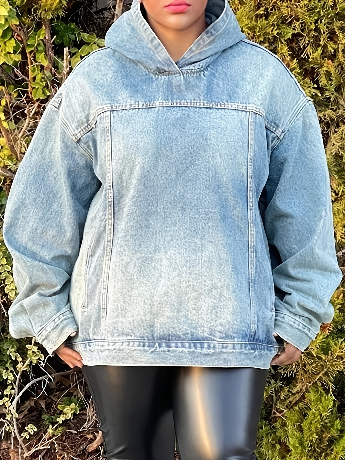 Jazz Light Blue Oversized Cozy Denim Hooded Sweatshirt With Pocket 2